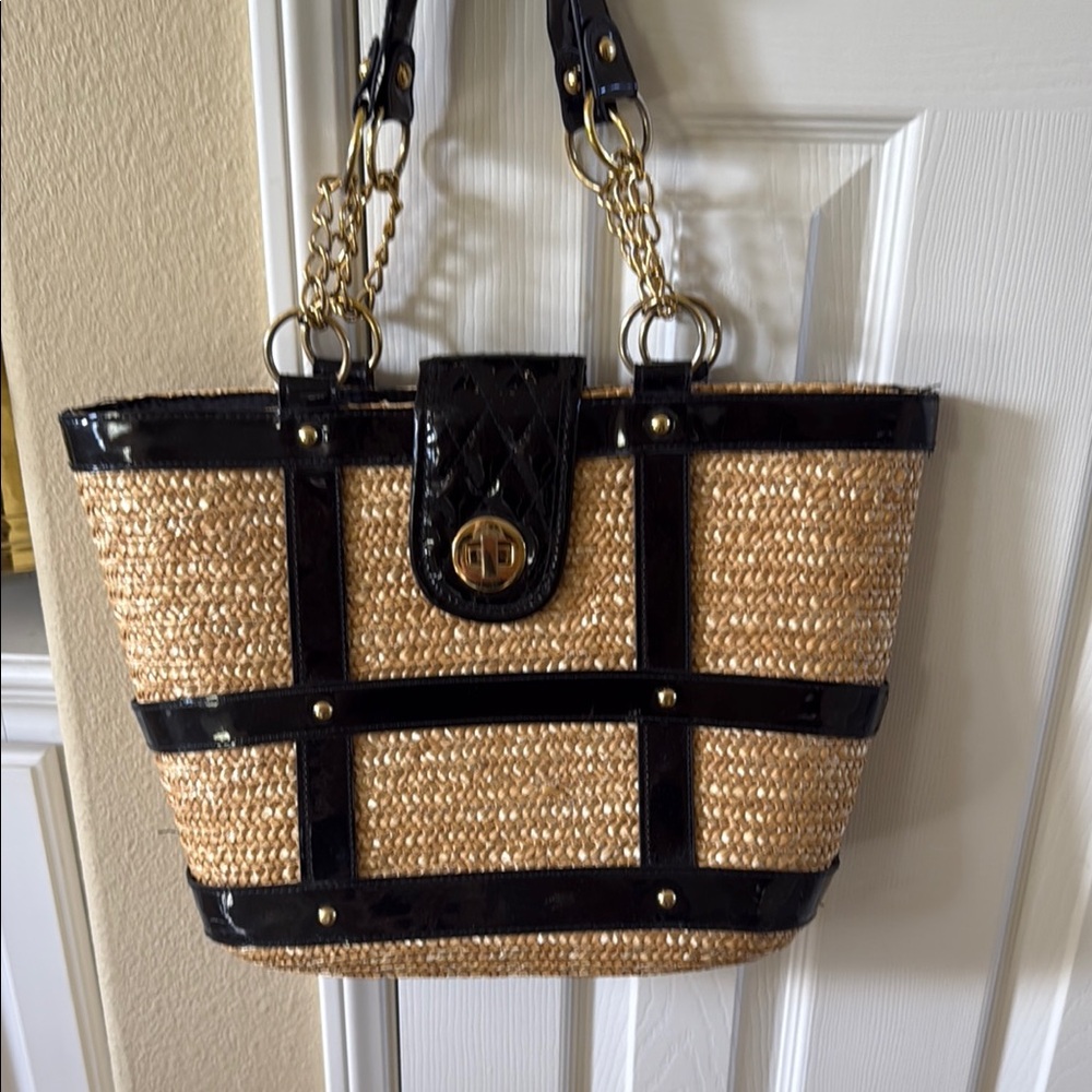 Stylish Black and Tan Women's Straw and patent leather Tote Bag